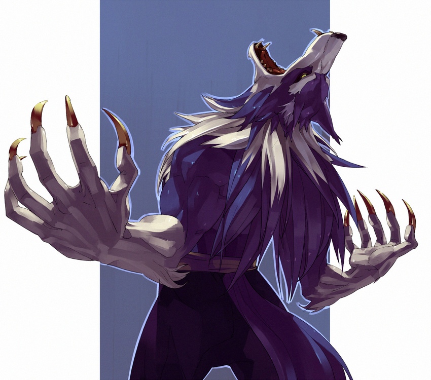 animal_ears blue_hair claws fangs from_behind fur gallon male_focus open_mouth pants shihou_(g-o-s) simple_background solo tail vampire_(game) werewolf white_hair wolf_ears wolf_tail yellow_eyes