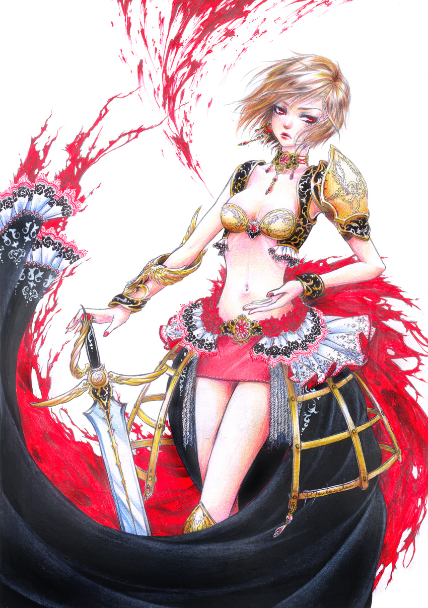 aku_no_musume_(vocaloid) armor blood bracelet breasts collar evillious_nendaiki germaine_avadonia highres hisekai jewelry large_breasts lips meiko nail_polish pink_nails red red_eyes skirt solo sword traditional_media vocaloid weapon