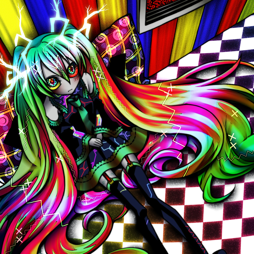 abstract bad_id bad_pixiv_id checkered colorful detached_sleeves hatsune_miku highres long_hair ninomae solo thighhighs twintails very_long_hair vocaloid