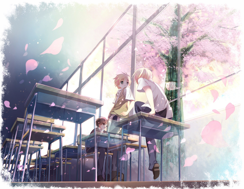 akinoko_(pixiv304871) bad_id bad_pixiv_id cherry_blossoms copyright_request desk ghost male_focus multiple_boys school tree