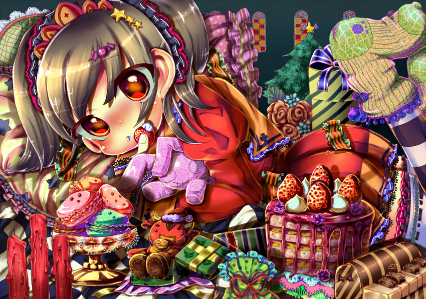 ashley_(warioware) bat brown_hair cake candle christmas christmas_tree flower food fruit gift icing macaron pastry red_(warioware) rose socks strawberry stuffed_animal stuffed_toy tatsunokosso thighhighs twintails warioware zettai_ryouiki