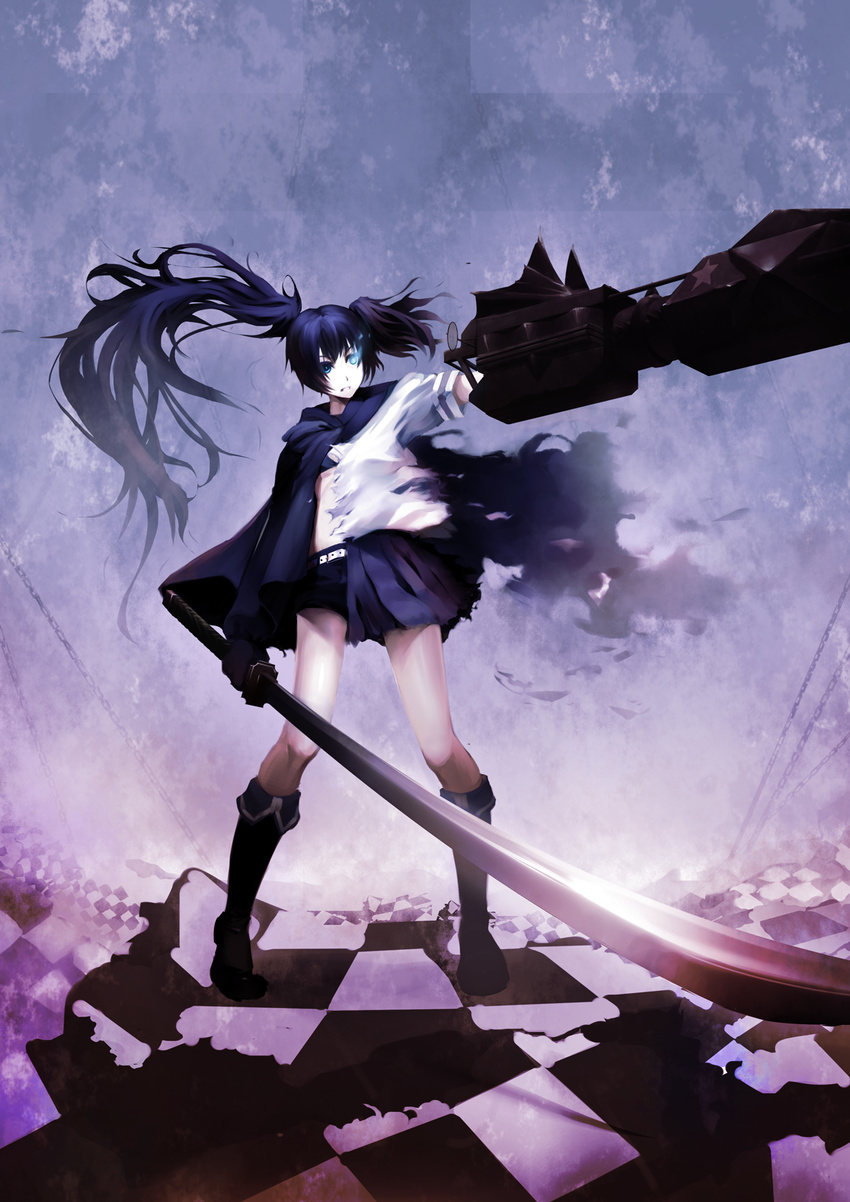 arm_cannon bad_id bad_pixiv_id black_hair black_rock_shooter black_rock_shooter_(character) blue_eyes boots burning_eye checkered checkered_floor coat dissolving_clothes dual_persona gloves highres kange katana kuroi_mato school_uniform serafuku shorts skirt sword transformation twintails uneven_twintails vanishing_point weapon