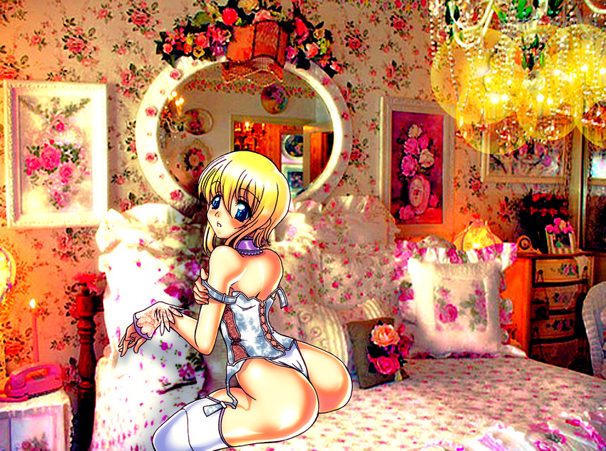 1boy arc_system_works ass bad_anatomy bare_shoulders bed blonde_hair blue_eyes blush bridget bridget_(guilty_gear) crossdressing from_behind guilty_gear leotard looking_at_viewer looking_back open_mouth reiji_sakamoto shiny shiny_skin short_hair sitting solo thighhighs thong thong_leotard trap