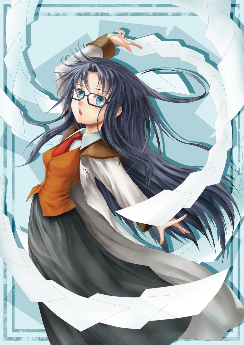 arm_up bad_id bad_pixiv_id bangs between_fingers black-framed_eyewear black_hair black_skirt blue_eyes brown_vest glasses highres holding holding_paper long_hair long_skirt long_sleeves looking_at_viewer necktie open_mouth paper phase read_or_die red_neckwear skirt solo very_long_hair vest yomiko_readman