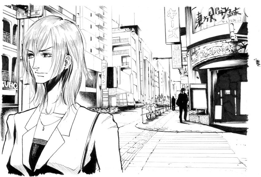 1girl business_suit cityscape copyright_request formal greyscale jewelry monochrome nakamura_ching necklace suit