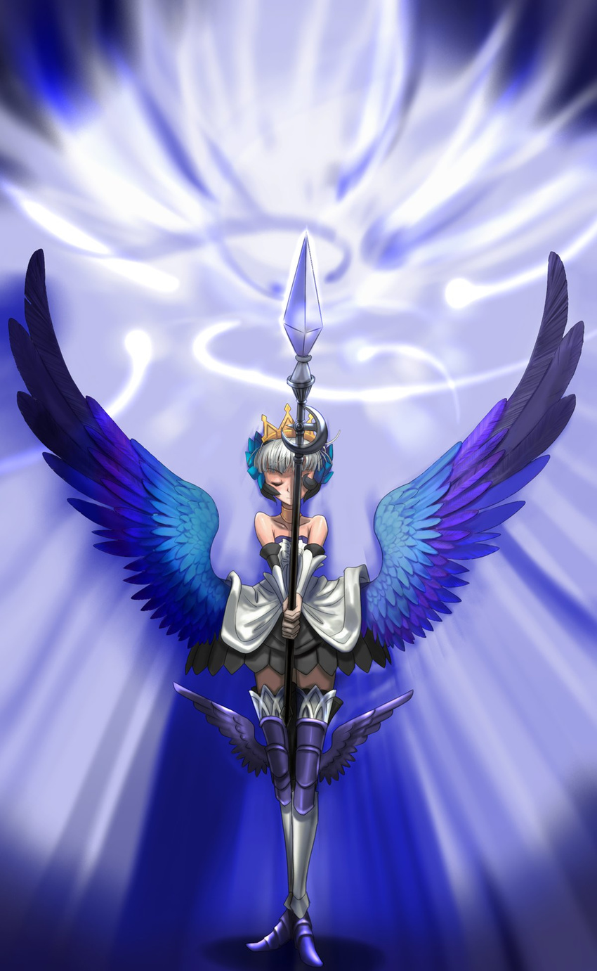 armor armored_dress blue_background boots choker crown dress elbow_gloves gloves gwendolyn hat highres multicolored multicolored_wings odin_sphere polearm spear strapless strapless_dress thigh_boots thighhighs weapon white_hair wings youkai_ankake