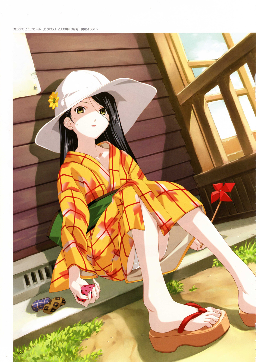 black_hair dutch_angle feet happoubi_jin hat highres japanese_clothes kimono long_hair original panties pantyshot pinwheel sandals scan sitting solo toes underwear yellow_eyes