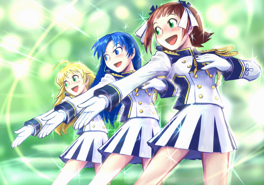 :d amami_haruka band_uniform blonde_hair blue_hair blush brown_hair dancing gloves green_eyes hoshii_miki idolmaster idolmaster_(classic) idolmaster_live_for_you! kisaragi_chihaya long_hair long_sleeves multiple_girls open_mouth outstretched_arm pleated_skirt pose skirt smile tanigawa_hiroshi underwear very_long_hair white_gloves white_skirt