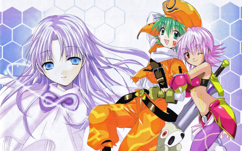 .hack//tasogare_no_udewa_densetsu 1boy 2girls armor aura_(.hack//) bikini_armor blue_eyes brother_and_sister dark_skin gloves green_eyes green_hair grunty hat highres honeycomb_(pattern) honeycomb_background hug infinity izumi_rei kunisaki_rena kunisaki_shugo long_hair midriff multiple_girls one_eye_closed pantyhose pink_hair purple_hair red_eyes short_hair siblings smile strap sword tattoo weapon