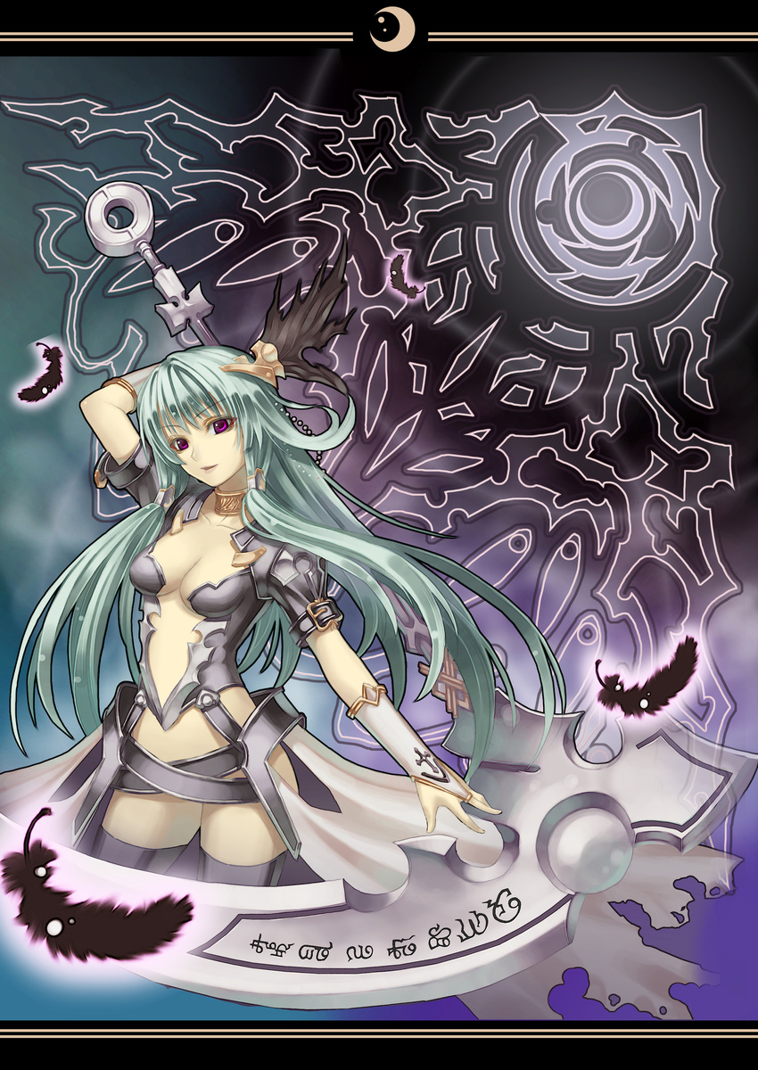 absurdres arm_up breasts bridal_gauntlets center_opening choker cleavage crescent feathers fourteen green_hair hair_ornament head_wings highres long_hair medium_breasts no_bra no_panties original purple_eyes scythe skirt smile solo thighhighs