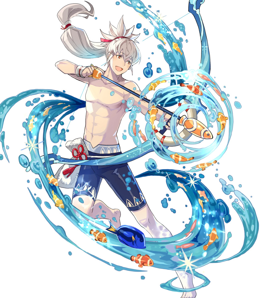 1boy arrow bow_(weapon) fire_emblem fire_emblem_heroes fire_emblem_if full_body fuujin_yumi grey_hair highres long_hair male_focus nintendo official_art open_mouth ponytail simple_background smile solo swimsuit takumi_(fire_emblem_if) tobi_(kotetsu) water weapon yumi_(bow)