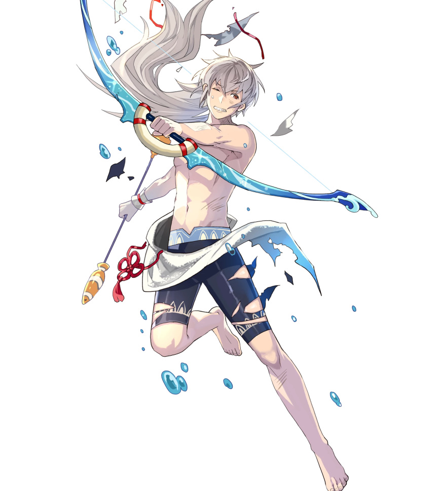 1boy bow_(weapon) fire_emblem fire_emblem_heroes fire_emblem_if fuujin_yumi gloves grey_hair highres long_hair looking_at_viewer male_focus nintendo open_mouth ponytail short_hair simple_background smile takumi_(fire_emblem_if) tobi_(kotetsu) torn_clothes weapon yumi_(bow)