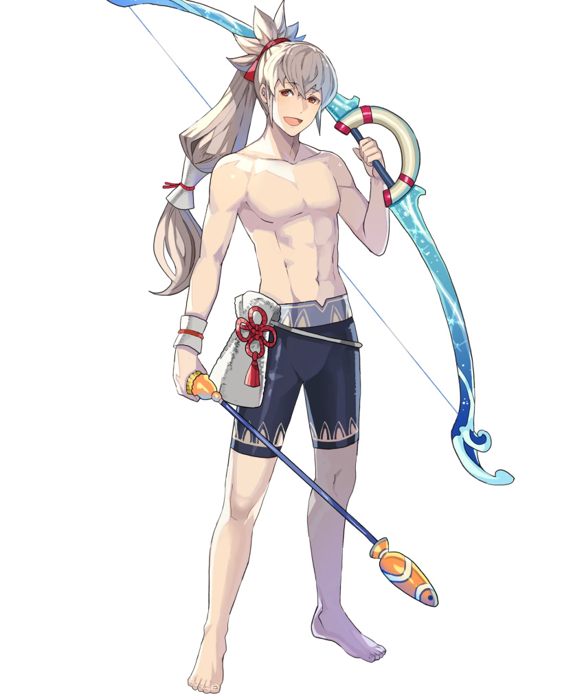 1boy abs bow_(weapon) fire_emblem fire_emblem_heroes fire_emblem_if full_body fuujin_yumi grey_hair highres long_hair looking_at_viewer male_focus navel nintendo open_mouth ponytail red_eyes simple_background smile swimsuit takumi_(fire_emblem_if) tobi_(kotetsu) weapon yumi_(bow)