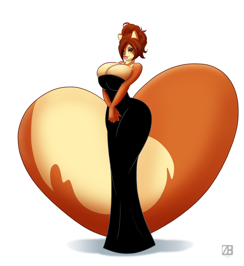 &hearts; &lt;3 absurd_res big_breasts big_lips big_tail breasts cleavage clothed clothing dress female fluffy fluffy_tail freckles green_eyes hair hi_res huge_breasts lips looking_at_viewer orange orange_body penny_flynn plain_background red_hair short_hair smile solo standing tail thighs voluptuous white_background wide_hips yellow yellow_belly zaftigbunnypress