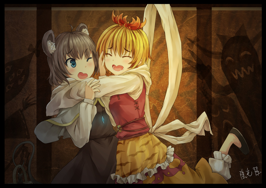 absurdres animal_ears bad_id bad_pixiv_id basket blonde_hair blue_eyes blush capelet closed_eyes dress frame glomp grey_hair hair_ornament hand_on_another's_face highres hood hoodie hug jewelry lace long_sleeves mouse_ears mouse_tail multiple_girls nazrin necklace open_mouth pendant short_hair signature smile tail toramaru_shou touhou yinzhai