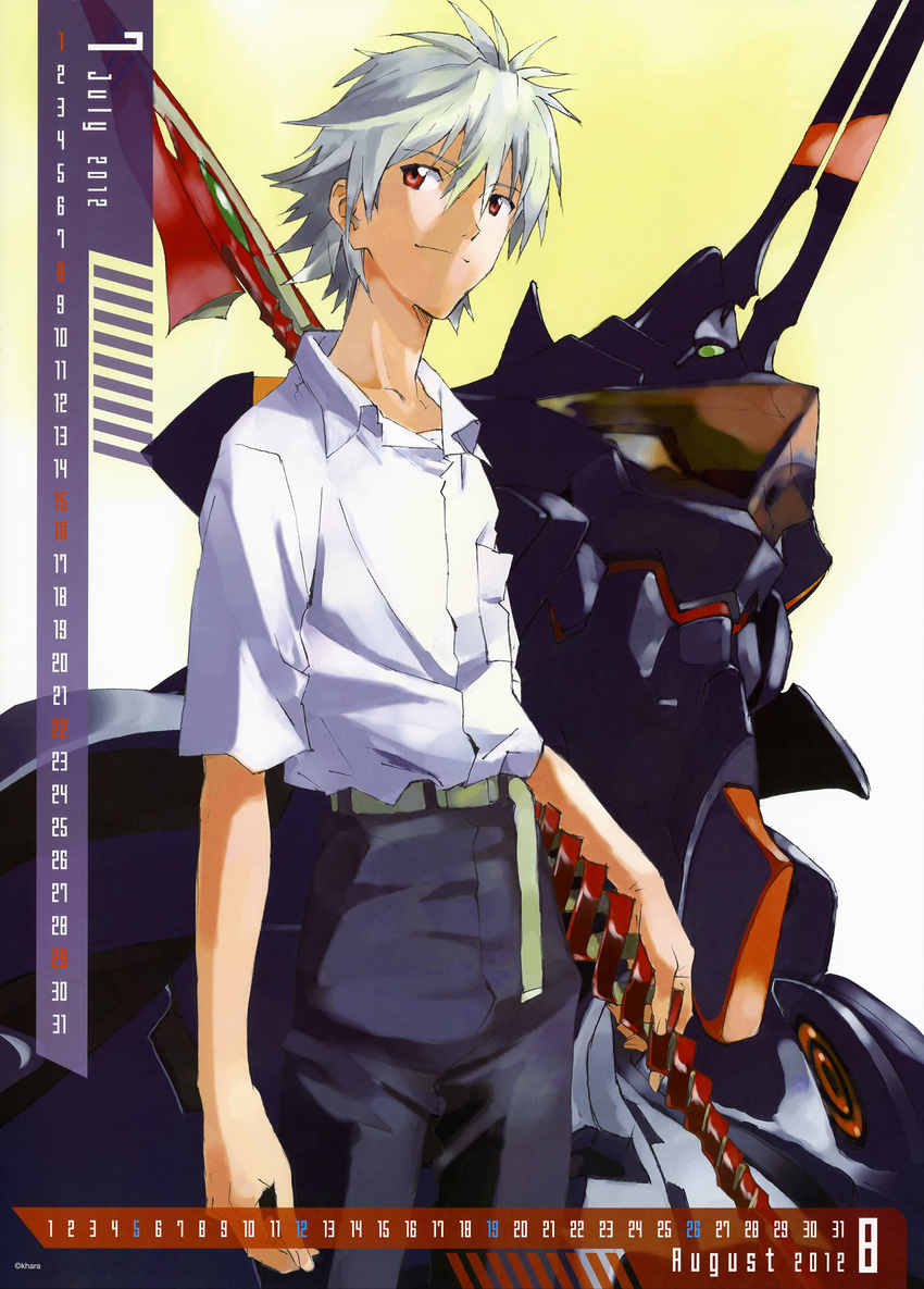 2012 absurdres albino august bangs belt black_pants calendar_(medium) collared_shirt company_name cowboy_shot dated eva_06 from_side gradient gradient_background green_eyes hair_between_eyes highres holding holding_weapon honda_takeshi horns july light_smile looking_at_viewer male_focus mecha nagisa_kaworu neon_genesis_evangelion number official_art pants pocket polearm rebuild_of_evangelion red_eyes scan school_uniform shirt short_sleeves skinny smile solo spear spear_of_cassius spiked_hair standing transparent weapon white_hair white_shirt