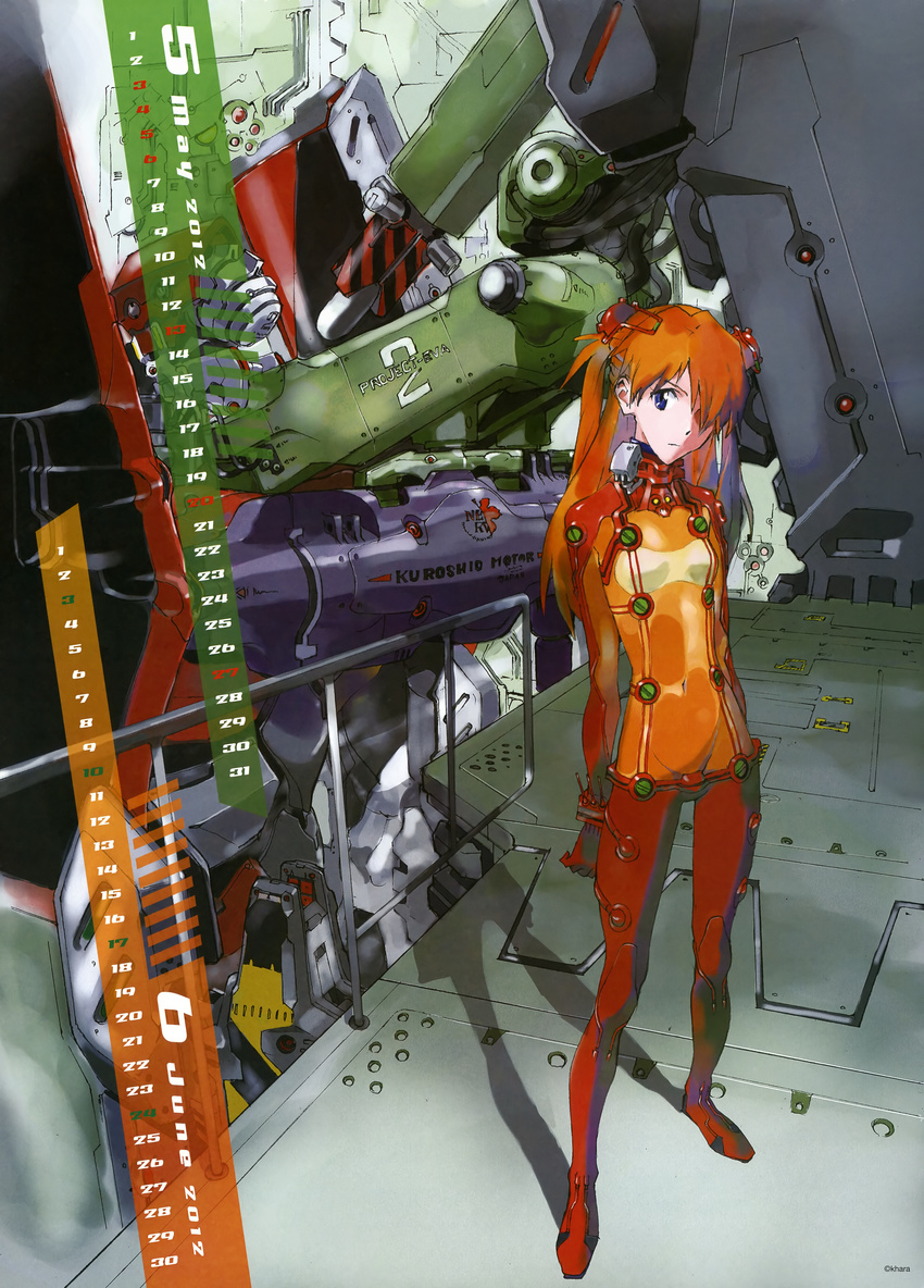 2012 absurdres blue_eyes bodysuit breasts calendar_(medium) hair_over_one_eye highres honda_takeshi long_hair multicolored multicolored_bodysuit multicolored_clothes neon_genesis_evangelion orange_bodysuit orange_hair plugsuit railing rebuild_of_evangelion red_bodysuit shadow shikinami_asuka_langley small_breasts solo souryuu_asuka_langley standing test_plugsuit