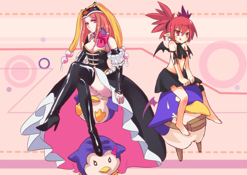 bare_shoulders bat_wings bird boots bow breasts brown_hair cleavage collar crossed_legs crossover disgaea elbow_gloves erzihua_guimao etna frills gloves hat highres leotard long_hair mawaru_penguindrum multiple_girls penguin penguin_3-gou penguin_hat pink_eyes pointy_ears princess_of_the_crystal prinny red_eyes red_hair sitting skull small_breasts sweatdrop takakura_himari thigh_boots thighhighs tongue wings