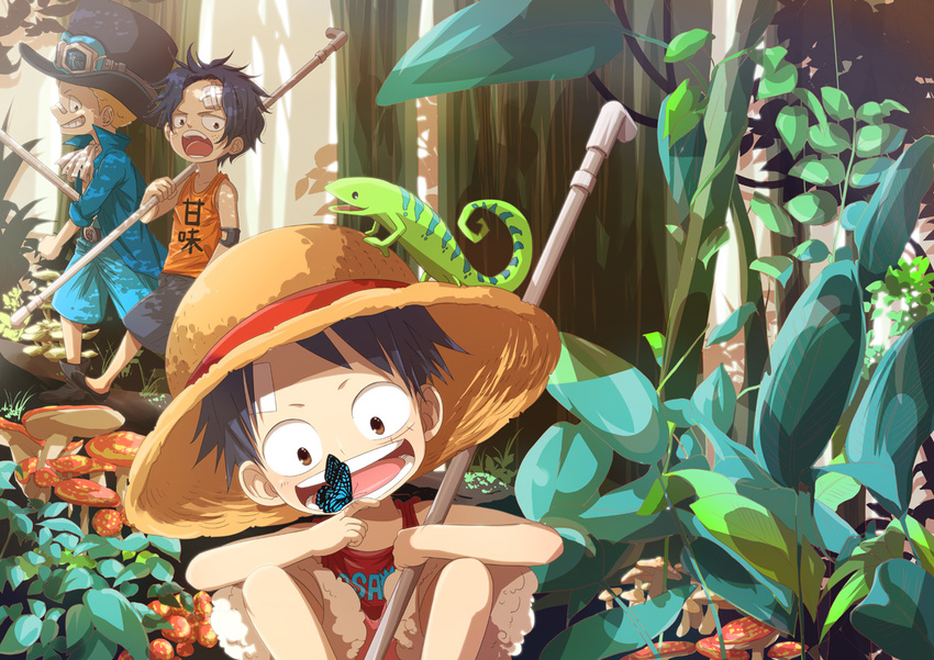 3boys bandage bandaid black_hair blonde_hair brother brothers brown_eyes butterfly child clothes_writing cravat east_blue family freckles goggles hat jacket lizard male male_focus monkey_d_luffy multiple_boys mushroom nyuu_men one_piece onemani open_mouth outdoors plant pole portgas_d_ace sabo sabo_(one_piece) scenery shorts siblings smile squatting straw_hat tank_top top_hat tree walking young younger