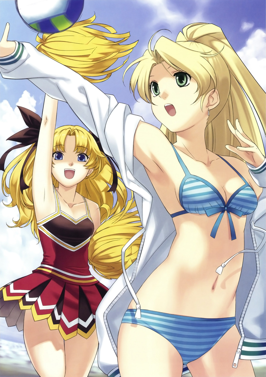 absurdres armpits atelier_(series) atelier_marie ball beach beachball bikini blonde_hair blue_bikini blue_eyes bow breasts cheerleader cleavage cloud collarbone cross_edge crossover day earrings front-tie_top green_eyes hair_bow highres hirano_katsuyuki jacket jewelry liliane_vehlendorf long_hair long_sleeves mana_khemia_(series) mana_khemia_2 marie_(atelier) multiple_girls navel official_art open_clothes open_mouth outdoors pom_poms ponytail skirt sky small_breasts striped striped_bikini striped_swimsuit swimsuit