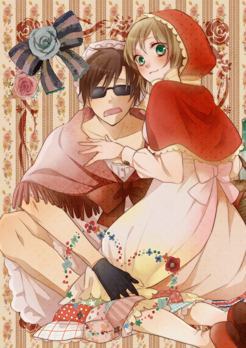 1girl :3 ahoge alternate_costume ami7 apron arms_up axis_powers_hetalia bad_id bad_pixiv_id bangs basket belgium_(hetalia) black_gloves blue_flower blue_rose blush bonnet bottle bow bowtie brown_hair capelet cosplay couple crossdressing dress fingernails floral_background floral_print flower frills fringe_trim gloves green_eyes hair_intakes halftone hand_on_another's_chest hand_on_leg heart hetero highres hood indian_style kneeling little_red_riding_hood little_red_riding_hood_(grimm) little_red_riding_hood_(grimm)_(cosplay) long_sleeves looking_at_viewer looking_back open_mouth pantyhose patchworks pink_flower pink_rose poncho red_capelet red_flower red_rose rose short_hair sitting skirt smile southern_italy_(hetalia) sunglasses swept_bangs white_legwear