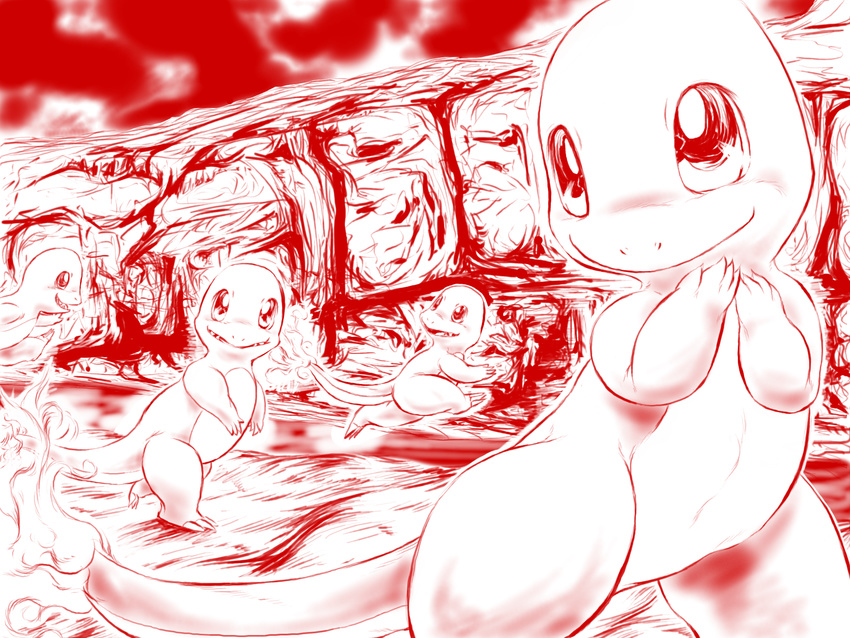charmander cute fire group hi_res long_tail looking_at_viewer monochrome mountain nintendo outside pok&#233;mon pok&eacute;mon pokemontrifle red_and_white smile tail teeth video_games