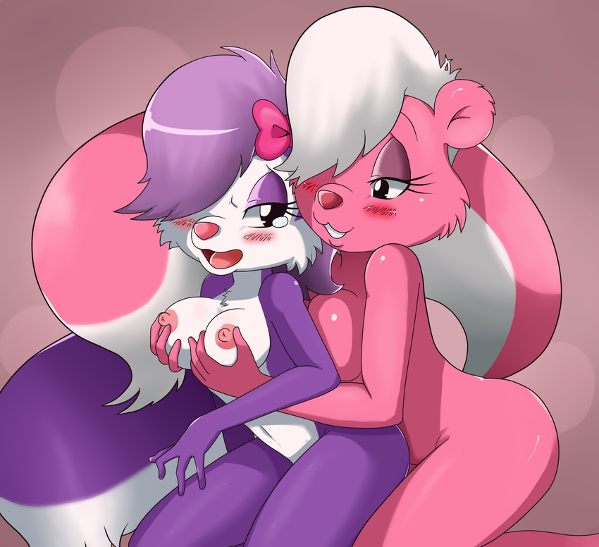 anthro bimbette blush boobgrab breast_grab breast_squish breasts duo female fifi_la_fume fluffy fluffy_tail grope hair hi_res kneeling lesbian makeup mammal navel nipples nude open_mouth pink pink_nose purple purple_hair short_hair simple_background skunk smile sssonic2 tail tear tears thighs tiny_toon_adventures tiny_toons tongue warner_brothers white white_hair