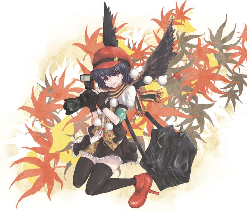 :q armband bag black_hair black_legwear black_wings brown_eyes camera fingerless_gloves floral_background geta gloves hat holding lace leaf looking_at_viewer maple_leaf mumulatte patterned pom_pom_(clothes) scarf shameimaru_aya shirt short_hair shoulder_bag skirt smile solo thighhighs tongue tongue_out touhou wings