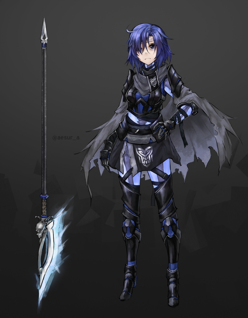 1girl absurdres aesur_a alternate_costume blue_hair bone breastplate cape closed_mouth fire_emblem fire_emblem:_monshou_no_nazo fire_emblem_heroes frown full_body greaves grey_background hair_over_one_eye headband highres katua lance nintendo polearm see-through short_hair simple_background skeleton skirt solo standing torn_cape torn_clothes twitter_username weapon white_headband