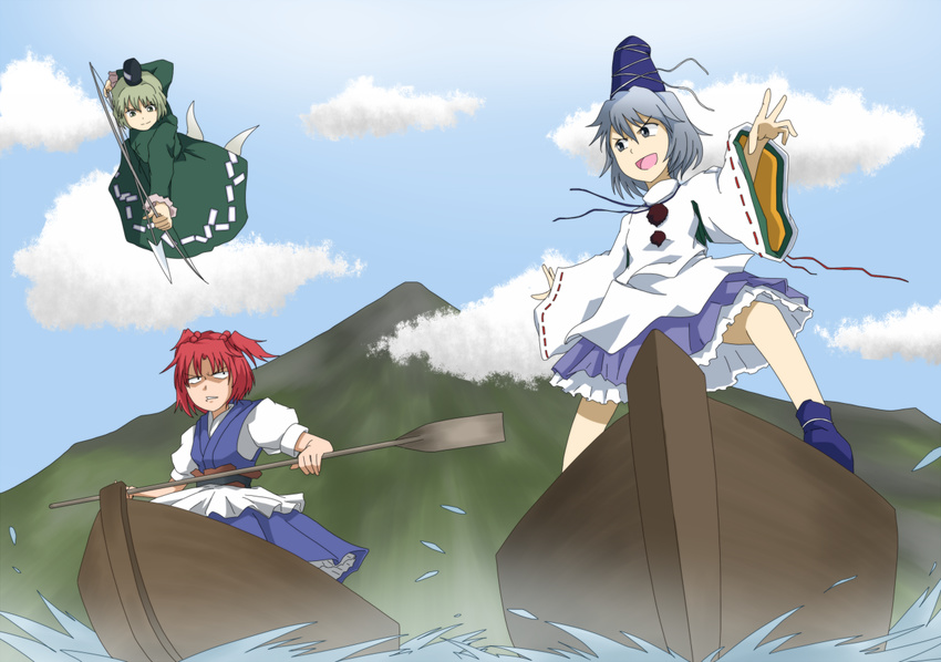 annoyed arrow bad_id bad_pixiv_id boat bow_(weapon) cloud day dress green_dress hat hibasaka_ren japanese_clothes kariginu mononobe_no_futo mountain multiple_girls oar onozuka_komachi red_hair soga_no_tojiko touhou water watercraft weapon