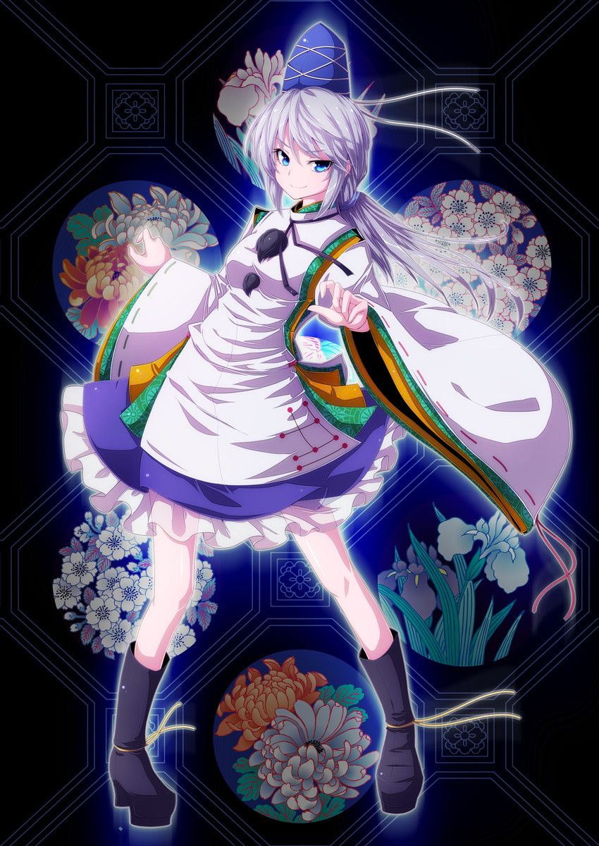 absurdres blue_eyes boots dress flower grey_hair hat high_heels highres japanese_clothes long_hair mononobe_no_futo nikka_(cryptomeria) ponytail ribbon shoes silver_hair smile solo tate_eboshi touhou