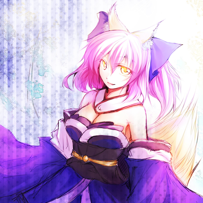1girl animal_ears artist_request caster_(fate/extra) fate/extra fate_(series) fox_ears highres pink_hair ribbon solo twintails yellow_eyes