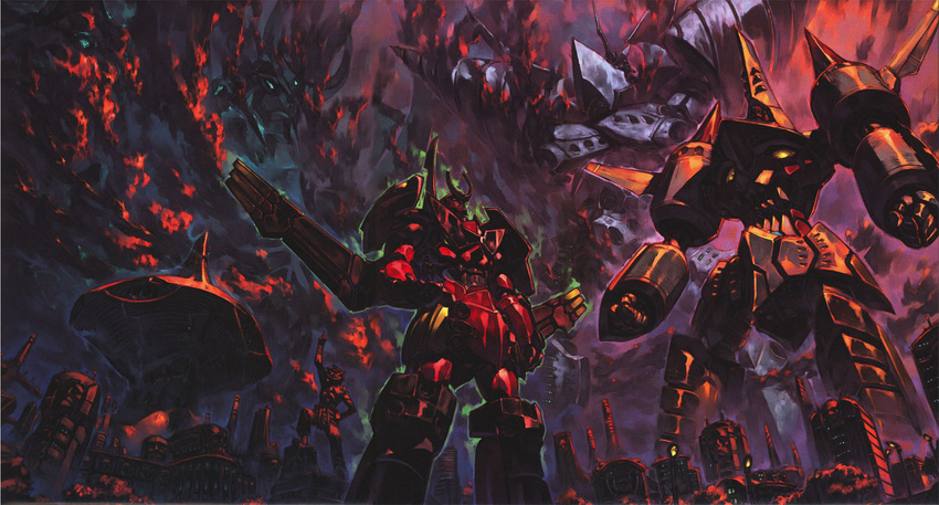 arm_up armor building chouginga_gurren-lagann clenched_hands from_below glowing gurren-lagann highres kamina lamppost manly mecha no_humans pointing pointing_up simon standing statue tengen_toppa_gurren-lagann_(mecha) tengen_toppa_gurren_lagann tower town yoshinari_you