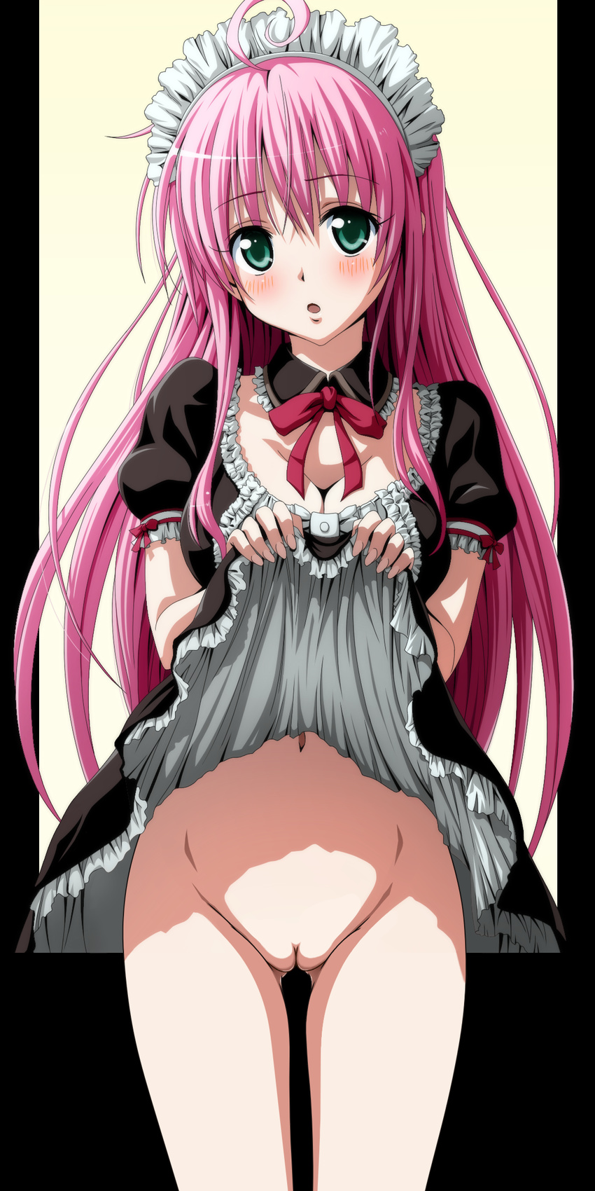 1girl absurdres ahoge blush breasts cleavage colored detached_collar dress dress_lift fingernails frills gluteal_fold green_eyes highres lala_satalin_deviluke large_breasts long_hair looking_at_viewer maid maid_headdress mound_of_venus navel no_panties open_mouth pink_hair presenting pussy solo standing to_love-ru toloveru toshi5765 toshi_(anime_coloring) transparent_background uncensored
