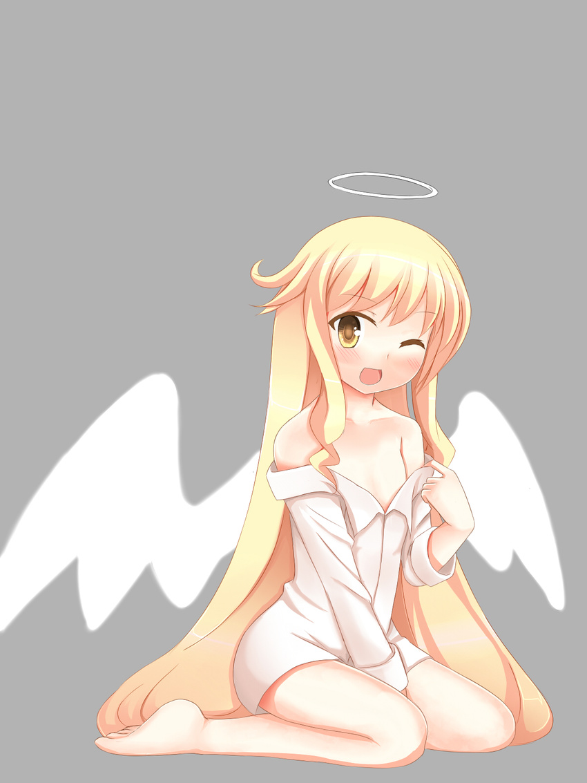 1girl angelia_avallone aq_interactive arcana_heart arcana_heart_2 atlus barefoot blonde_hair blush bottomless child dress_shirt examu feet flat_chest godharo1 halo highres long_hair off_shoulder open_mouth shirt sitting sleeves_past_wrists smile very_long_hair wariza wings wink yellow_eyes