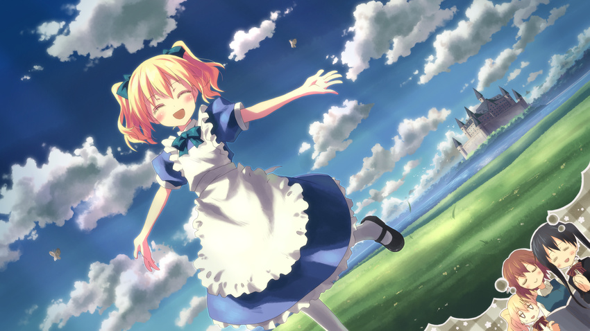 :&gt; :d =_= absurdres alice_cartelet apron blonde_hair book castle closed_eyes cloud day dress field highres imagining inokuma_youko kin-iro_mosaic komichi_aya maid multiple_girls open_mouth outstretched_arms scan sky smile spread_arms thought_bubble twintails yuuki_tatsuya