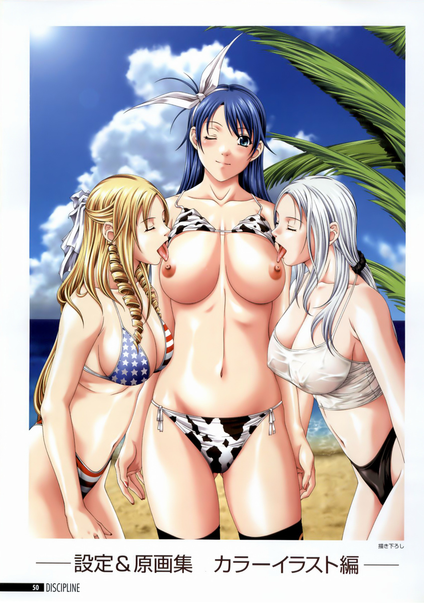 bikini breasts cleavage discipline erect_nipples himeki_karen morimoto_leona nipples otokawa_saori see_through sei_shoujo swimsuits thighhighs wet_clothes yuri