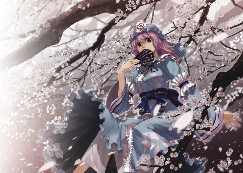 cherry_blossoms covering_mouth dress fan flower folding_fan hat in_tree japanese_clothes patterned petals pink_eyes pink_hair saigyouji_yuyuko short_hair sitting sitting_in_tree solo sun-3 touhou tree tree_branch triangular_headpiece