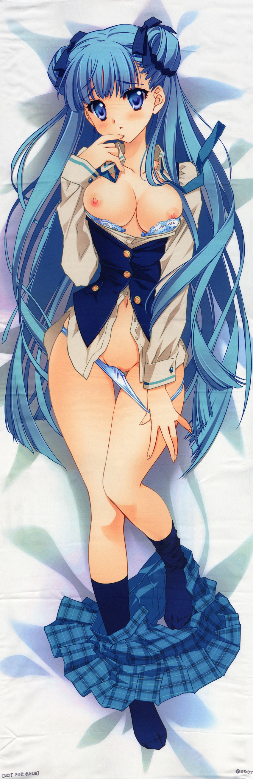 absurdres blue_bra blue_eyes blue_hair blue_legwear blue_panties blush bra bra_pull breasts carnelian dakimakura full_body hair_ribbon highres huge_filesize kneehighs lingerie long_hair lying navel nipples no_shoes on_back open_clothes open_shirt panties panty_pull para-sol plaid plaid_skirt pleated_skirt ribbon scan scan_artifacts shirt skindentation skirt skirt_around_ankles small_breasts solo unbuttoned underwear very_long_hair vest yatabe_noa