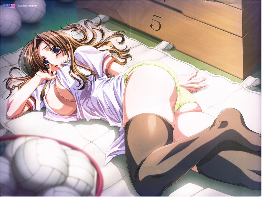 aikawa_arisa ass breasts brown_hair character_request crease dengeki_hime gym_storeroom highres indoors large_breasts long_hair lying nipples no_bra no_pants on_side open_clothes open_shirt panties purple_eyes scan shirt solo thighhighs underwear vaulting_horse