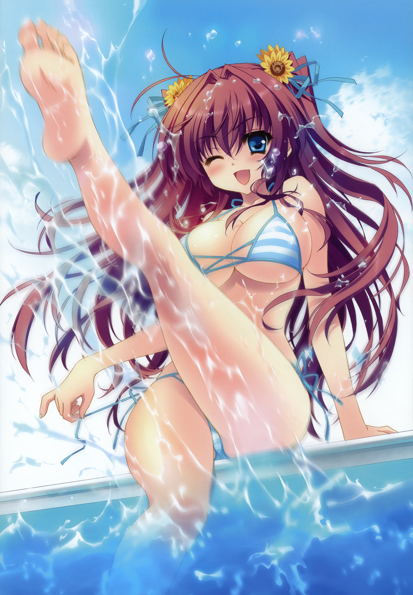 :d ;d absurdres arm_support asakura_karen barefoot bikini blue_eyes blush breasts brown_hair cleavage crease cube_(alma) daisy day dengeki_hime feet flower hair_flower hair_intakes hair_ornament hair_ribbon happy highres huge_filesize kicking kimi_to_boku_to_eden_no_ringo large_breasts leg_up legs long_hair long_legs motion_blur one_eye_closed open_mouth pool ribbon scan side-tie_bikini sideboob skindentation sky smile soles splashing strap_gap striped striped_bikini striped_swimsuit sunflower swimsuit thighs two_side_up underboob water