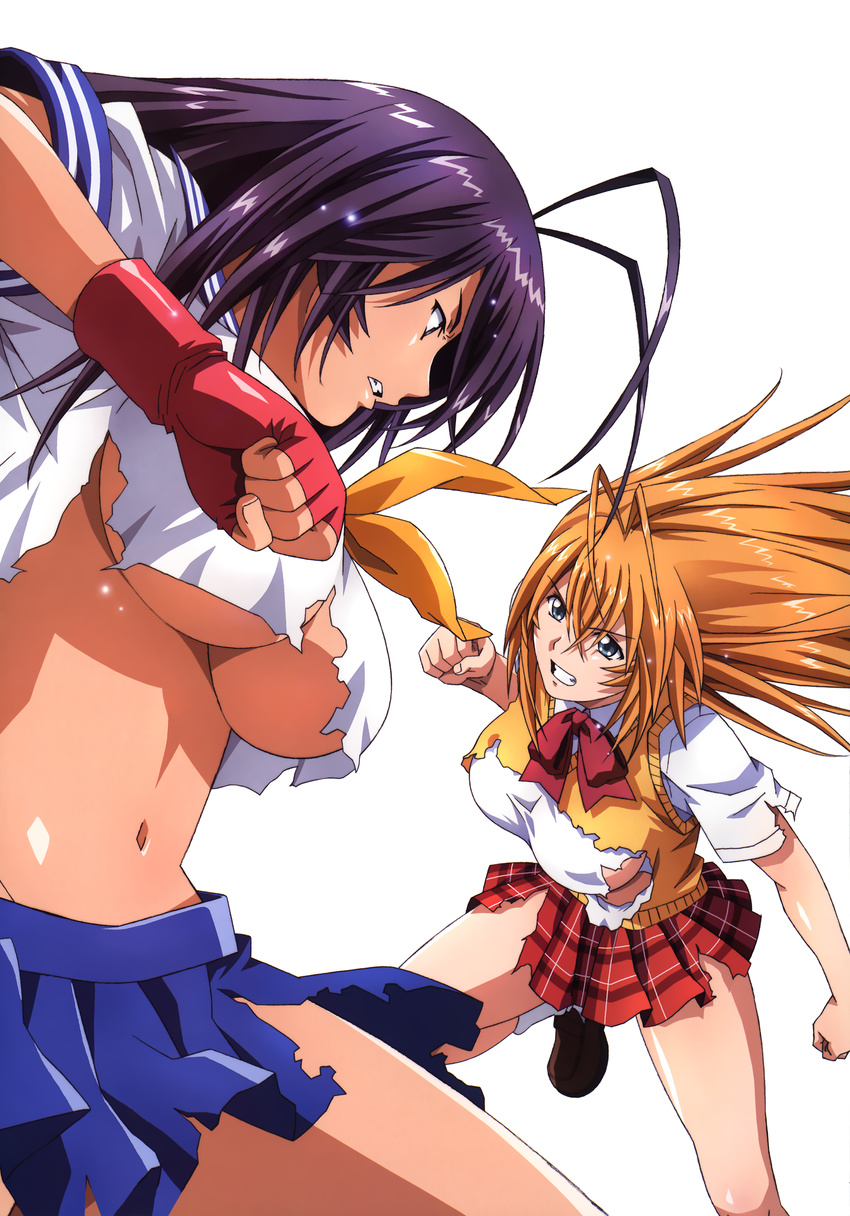 2girls absurdres ahoge amano_yoki angry antenna_hair bangs battle blonde_hair blue_eyes blue_hair bow bowtie breasts cleavage clenched_hand clenched_teeth fighting_stance fingerless_gloves fixed gloves highres ikkitousen ikkitousen_dragon_destiny ikkitousen_great_guardians kan'u_unchou kanu_unchou large_breasts loafers long_hair midriff miniskirt multiple_girls navel no_bra official_art orange_hair plaid plaid_skirt pleated_skirt purple_hair scan school_uniform seifuku shiny shiny_hair shirt shoes sideboob simple_background skirt sonsaku_hakufu sweater_vest taut_clothes taut_shirt teeth torn_clothes underboob vest