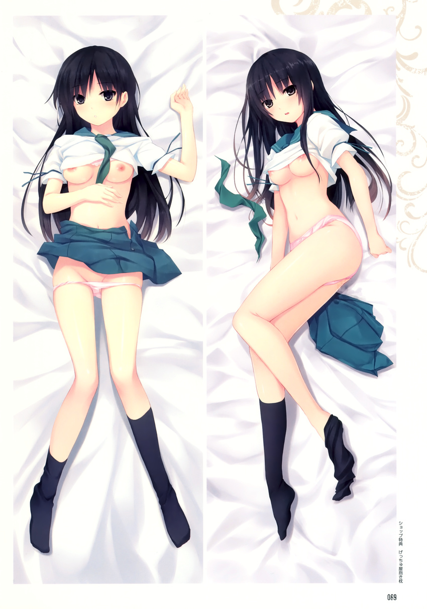 absurdres bed_sheet black_eyes black_hair black_legwear bra bra_lift breasts coffee-kizoku cure_girl dakimakura from_above full_body green_neckwear groin highres kneeling kunimura_kotone long_hair looking_at_viewer lying medium_breasts multiple_views navel necktie necktie_removed nipples on_back on_side panties pink_bra pink_panties pleated_skirt school_uniform serafuku shirt shirt_lift skirt skirt_removed underwear white_shirt