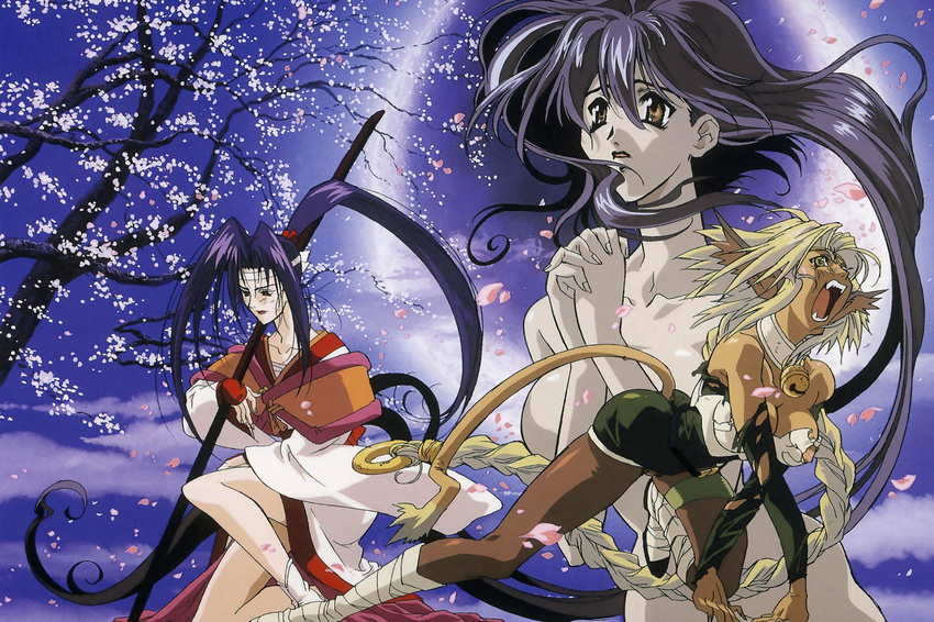 90s absurdres aisha_clanclan animal_ears arched_back artist_request black_hair blonde_hair breasts cat_ears cherry_blossoms circlet dark_skin fang headband highres jewelry long_hair medium_breasts melfina_(outlaw_star) moon multiple_girls nipple_slip nipples official_art outlaw_star ponytail tail torn_clothes twilight_suzuka weapon yellow_eyes