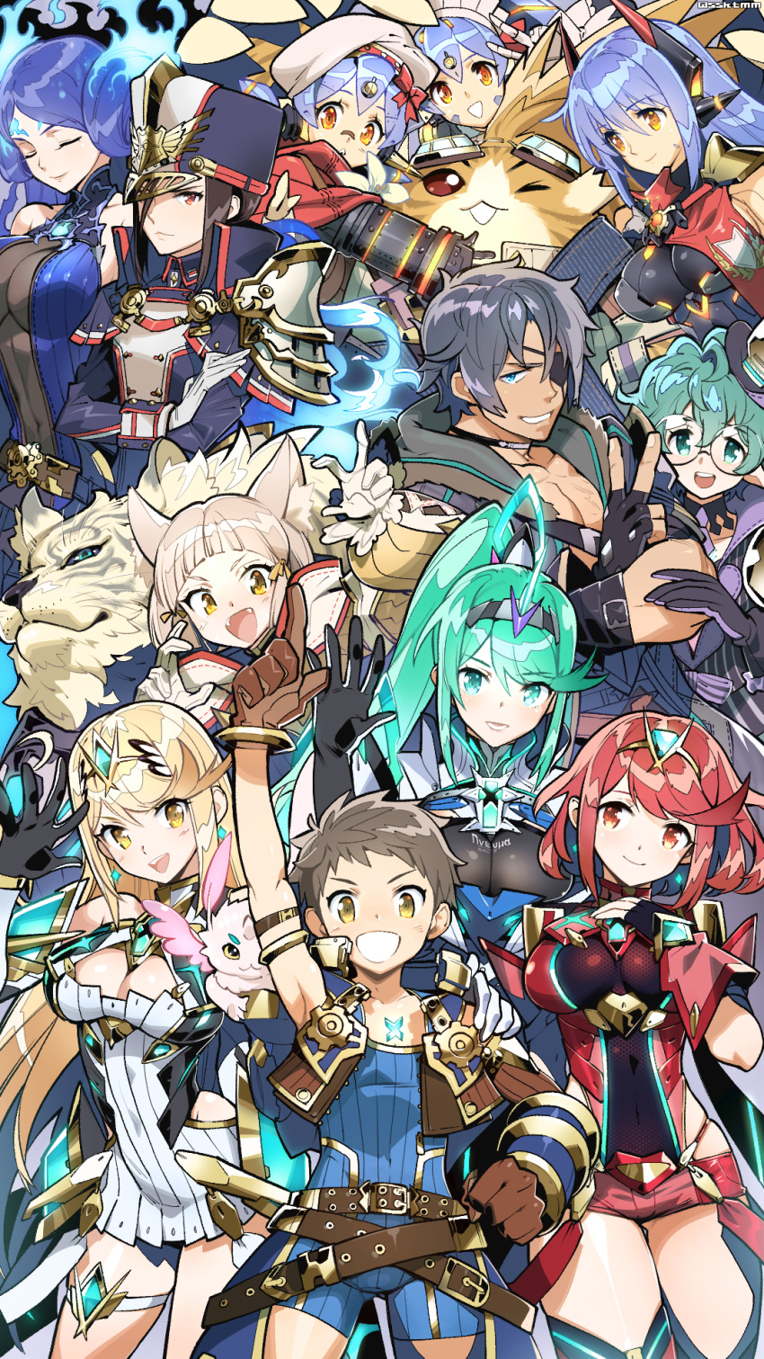 2boys 6+girls animal_ears blonde_hair blue_hair breasts brown_hair byakko_(xenoblade) cat_ears cleavage everyone eyes_closed fujimoto_hideaki glasses gloves green_hair hana_(xenoblade) hana_jd hana_jk hat highres hikari_(xenoblade_2) homura_(xenoblade_2) kagutsuchi_(xenoblade) looking_at_viewer meleph_(xenoblade) military military_uniform multiple_boys multiple_girls multiple_persona nintendo niyah nopon pneuma_(xenoblade_2) red_hair rex_(xenoblade_2) saika_(xenoblade) seiryuu_(xenoblade) smile tora_(xenoblade) uniform waving whisker_markings whiskers xenoblade_(series) xenoblade_2 zeke_b_arutimetto_genbu