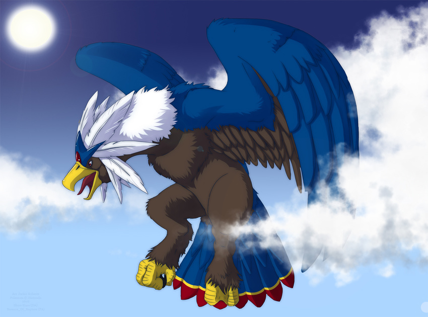beak bird blue blue_feathers braviary brown brown_feathers cloud clouds flying jackie_roberts male moon nintendo pok&#233;mon pok&eacute;mon red red_eyes shiny solo tongue video_games white white_feathers wings