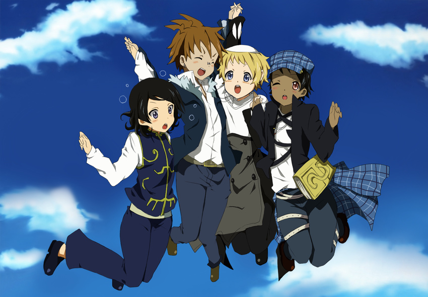 :d :o ;d ^_^ arms_up belt black_hair blonde_hair blue_eyes blush book brown_hair buttons chinese_clothes closed_eyes cloud dark_skin dark_skinned_male day everyone falling fur_trim giriko gopher hat holding_hands jacket justin_law k-on! male_focus multiple_boys noah_(soul_eater) one_eye_closed open_clothes open_jacket open_mouth outdoors pants parody pink_eyes plaid round_teeth scared shoes skullcap sky smile soul_eater spiked_hair sweatdrop teeth vest walice
