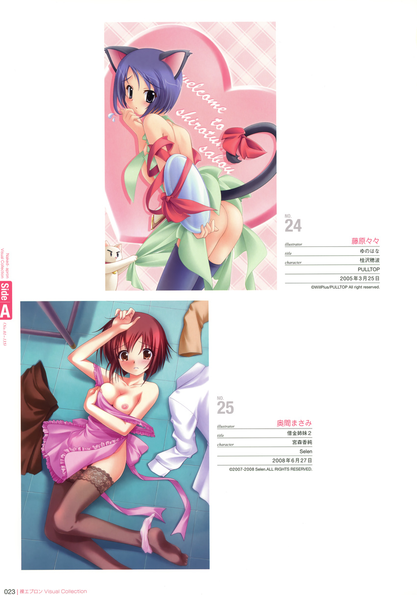 animal_ears breast_hold breasts fujiwara_warawara katsurazawa_honami miyamori_kasumi naked_apron nipple_slip nipples okuma_masami shakkin_shimai_2 tail thighhighs yunohana