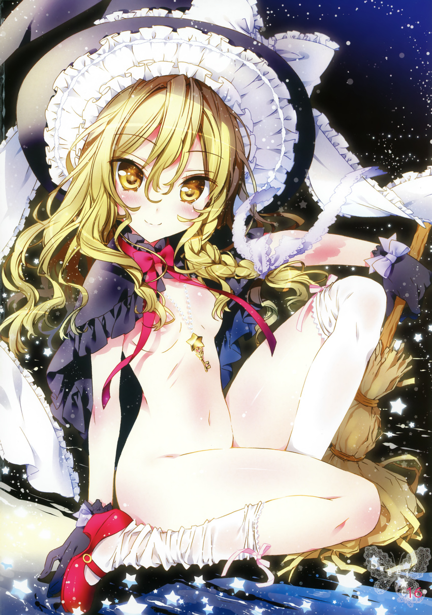 absurdres bangs blonde_hair blush body_blush braid breasts broom bug butterfly cape capelet frills gloves groin hair_ribbon hat highres insect jewelry kamiya_maneki key kirisame_marisa knee_up long_hair looking_at_viewer loose_thighhigh mary_janes naked_cape navel necklace nude over-kneehighs pendant ribbon ribs scan shoes sitting small_breasts smile solo star thighhighs touhou tsurime white_legwear witch_hat yellow_eyes