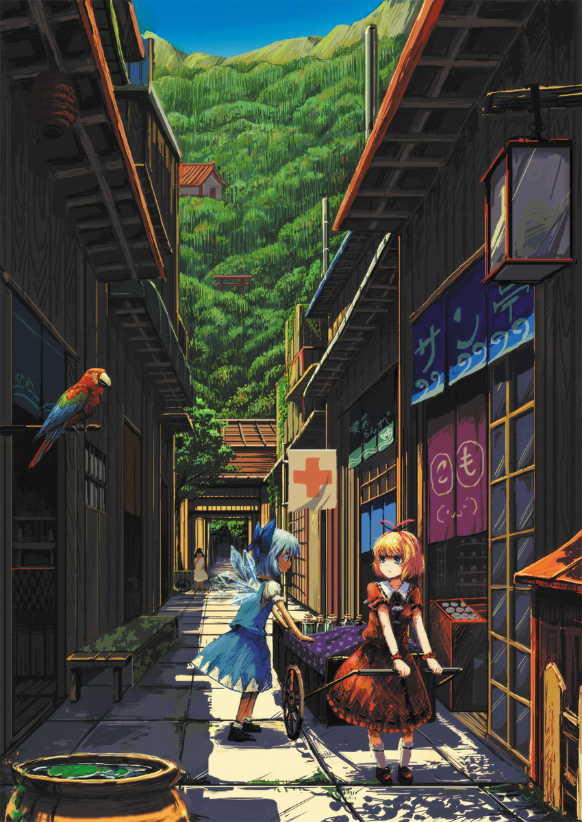 :3 animal bird blue_eyes blue_hair blush cart cirno day dress forest highres inaba_tewi jar macaw medicine_melancholy multiple_girls nature outdoors parrot pullcart ranka_(tonbo) red-and-green_macaw red_cross revision road scenery short_hair street torii touhou vanishing_point wings